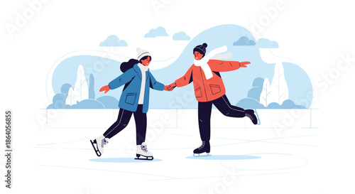 Cheerful man and woman in warm winter clothing holding hands while ice skating together on a skating rink during winter.
