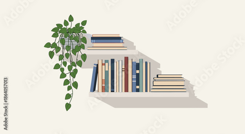 Modern interior design featuring two white floating bookshelves decorated with various books and a beautiful hanging ivy plant.