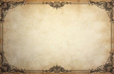 Antique paper background with ornate corner borders. Empty space in center for text or design elements. Vintage textured parchment suitable for certificates awards or invitations.