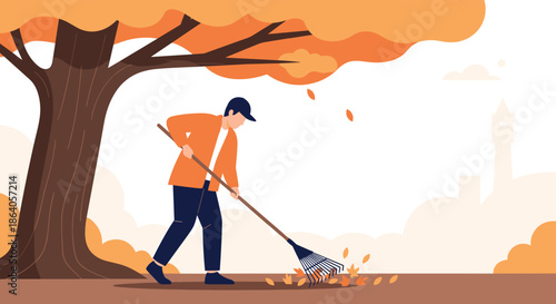 Man in an orange jacket carefully rakes fallen autumn leaves under a large tree in a park with a clock tower in the distance.
