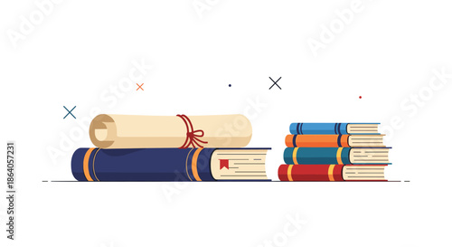 Stack of colorful educational books placed next to a rolled graduation diploma scroll tied with a red ribbon on white background.