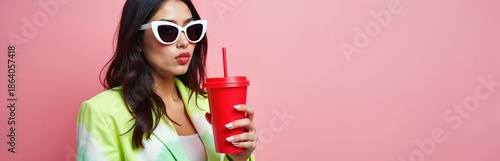 Young woman with white sunglasses holds red cup with straw. She wears a bright green blazer and poses against a pink backdrop. Woman drinks from the cup with a pouty expression.