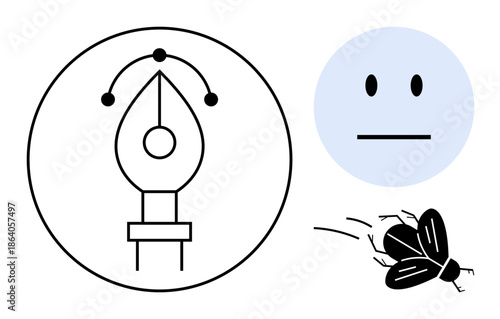 Graphic design, creativity, minimal art, digital tools, emotions, pests. A pen tool icon, an expressionless face and a fly in flight. Graphic design and creativity concept