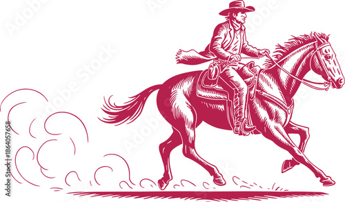 Cowboy on horse running vintage style woodcut rodeo western wild west vector illustration