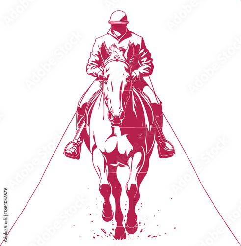 Equestrian sport silhouette front view dynamic horse and rider running straight ahead graphic design vector.