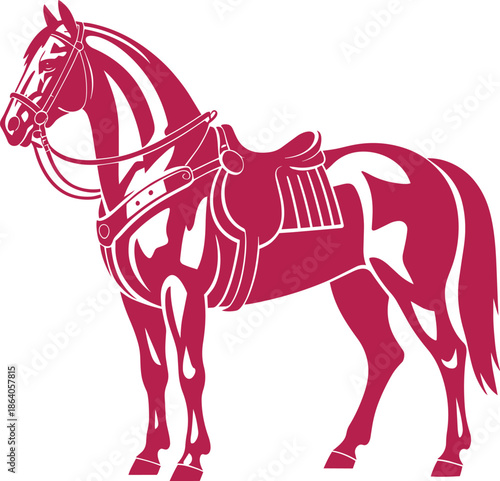 Pink horse with saddle and bridle illustration isolated on transparent background
