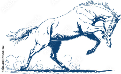 Powerful blue horse rearing up in motion with dust clouds on transparent background