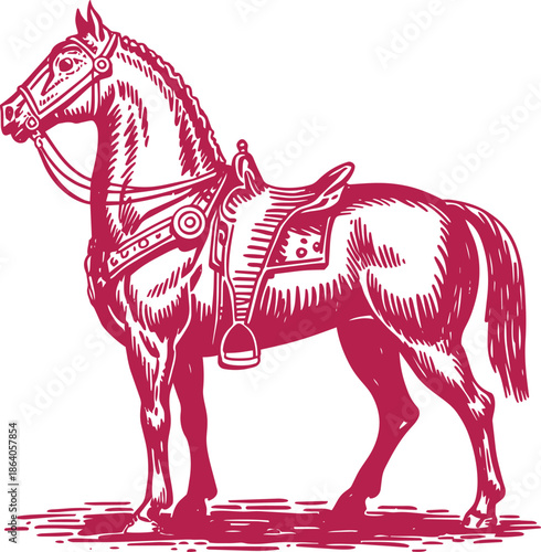 Saddled horse standing vintage style woodcut rodeo western wild west vector illustration