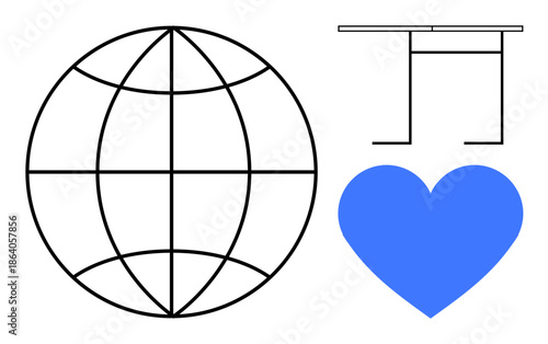 Globalization, human connection, design concepts, education, creativity, teamwork. Abstract globe, blue heart and table icon connection compassion and design. Globalization and human connection