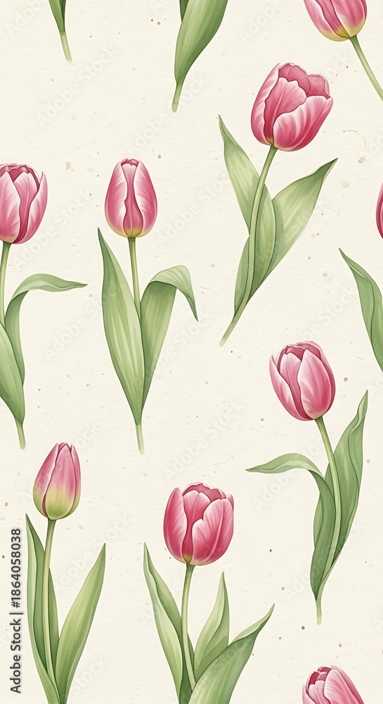 Obraz premium Elegant floral pattern of pink tulips on a light background.