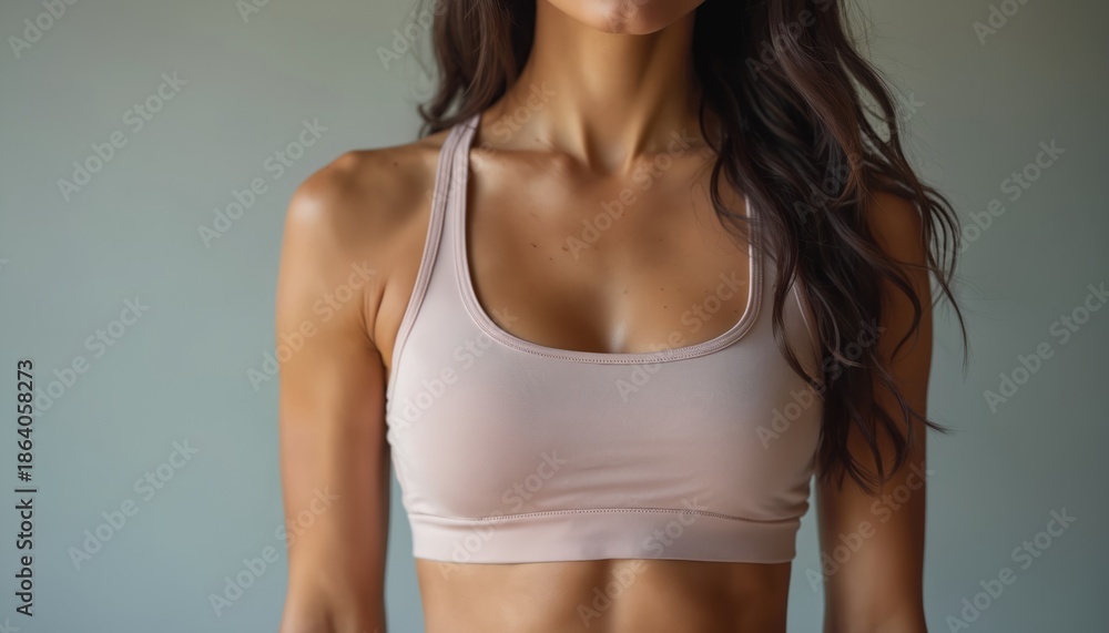 Fototapeta premium Fit woman displays toned physique in athletic wear. Embodies strength, confidence. Image represents healthy lifestyle focused on physical fitness, wellbeing. Subject demonstrates dedication to active