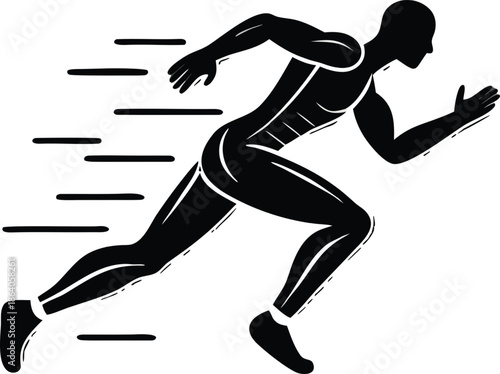 Black silhouette vector icon showing a swift adult runner with dynamic motion lines, perfectly capturing speed, athletic performance, competition, and an energetic lifestyle.