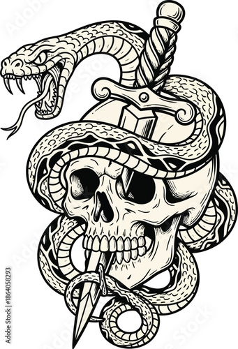 Skull and snake tattoo vector, gothic skull and snake vector, snake and dagger skull, snake wrapped around skull vector illustration