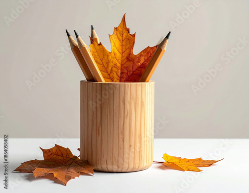 Wooden pencil holder with pencils, Generated image	

