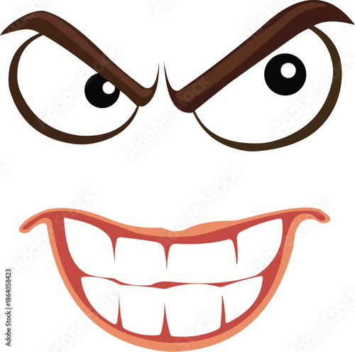 Angry cartoon face vector illustration with fierce brown eyebrows, wide white eyes, and a mischievous red toothy grin on a black background, expressing evil fun.