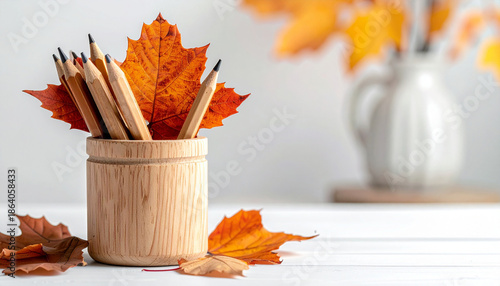 Wooden pencil holder with pencils, Generated image	
