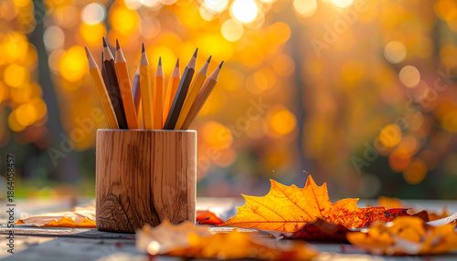 Wooden pencil holder with pencils, Generated image	
