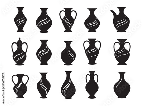 Collection of Ancient Greek Vase Silhouettes in Black and White