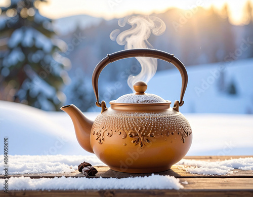 Ceramic teapot with steam, Generated image