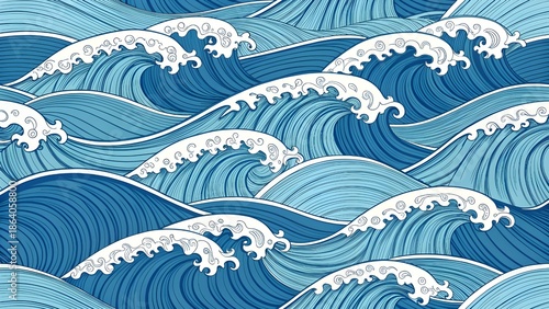 Crashing ocean waves in various shades of blue