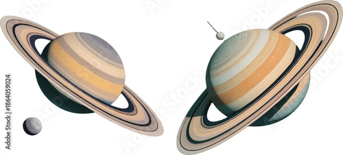 Illustration of Saturn planets with rings and moons in a white background