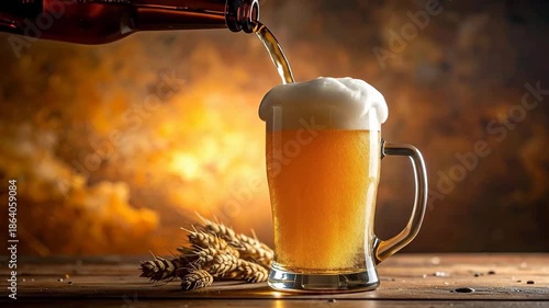 Refreshing beer is poured into a glass with a frothy head, sitting on wooden surface.