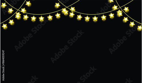 Glowing Golden Star String Lights on Black Background Festive Night Banner