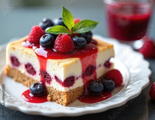 Slice of berry cheesecake topped with fresh raspberries, blueberries, mint, and berry sauce. Rich dessert served on white plate with berry coulis beside it. Creamy cake with fruit layers.