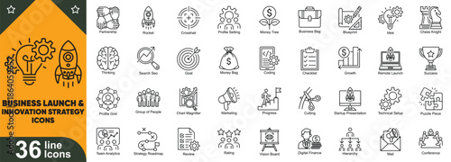 Business launch and innovation strategy line icons set. startup planning tools, growth analytics, vision roadmap, market research, product development and strategic management symbols.