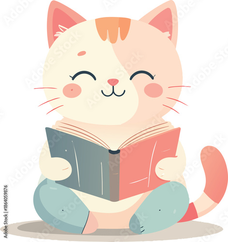 Cute Cat Reading Book, Cozy Home and Relax Concept Vector Illustration