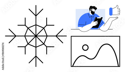 Winter , creativity, technology, minimalism, communication, landscapes. Abstract snowflake icon, person holding tablet with thumbs up simple landscape design. Winter themes and creativity concept