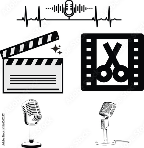 Video and Audio Production Icon Set — Microphone, Film Clapperboard, Sound Wave and Video Editing Symbols Vector Illustration Isolated on White