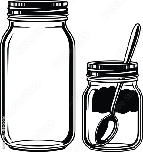 Two mason jars in different sizes with metal lids and a spoon inside, black and white vector illustration for kitchen storage and canning (23 words)