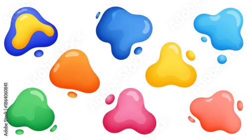 Vibrant colorful liquid blobs scattered randomly on white background from top view