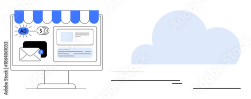 Computer monitor under store awning showcasing ads, messages, and notifications for online marketing. Cloud icon symbolizes integration. Ideal for e-commerce, marketing, technology, advertising