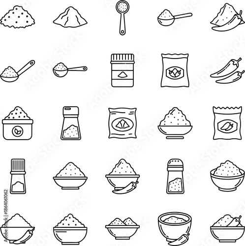 Collection of Powdered Spices and Seasonings Icons Set Vector Line Art Food Ingredients Illustration