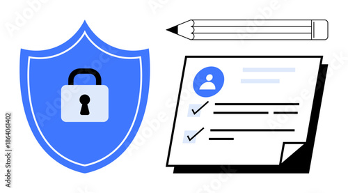 Data security, identity verification, privacy, document management, online authentication, cybersecurity. Blue shield with lock, document with user profile pencil. Data security and identity