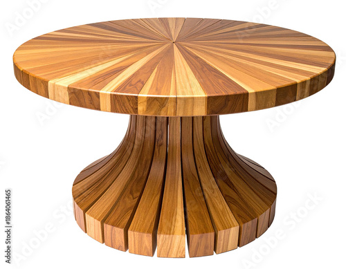 A mid-century modern-style wooden table, round tabletop design and curved base