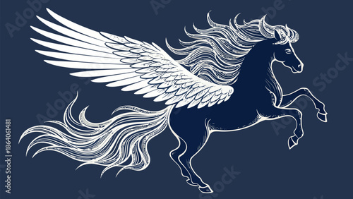 Majestic winged horse in mid-gallop on dark blue background