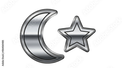 A silver crescent moon and star illustration on a white background viewed from a straightforward perspective
