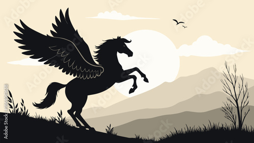 Majestic pegasus soaring over serene mountain landscape at sunset