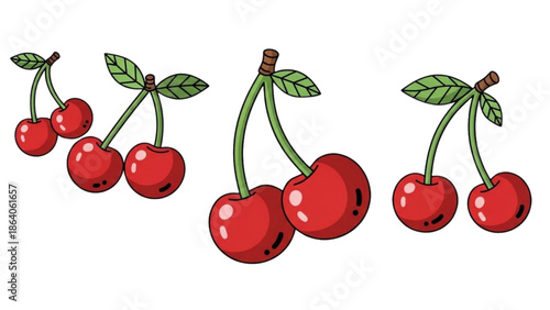 Three stems of ripe red cherries with green leaves on a white background viewed from directly above