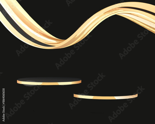 Elegant golden ribbons and platforms on a dark minimalist background