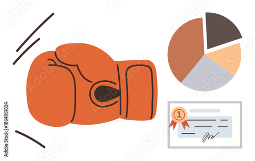 Sports achievements, competition success, goal setting, performance metrics, certification, motivation. A boxing glove, a pie chart and a certificate. Sports achievements and competition success