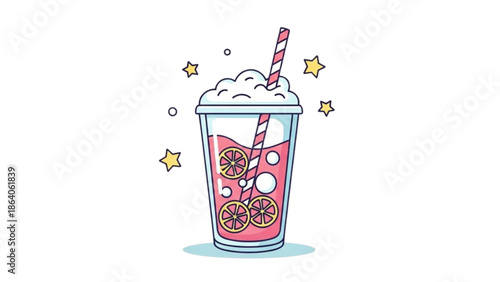 Illustration of a pink boba tea drink with straw and stars in a cup