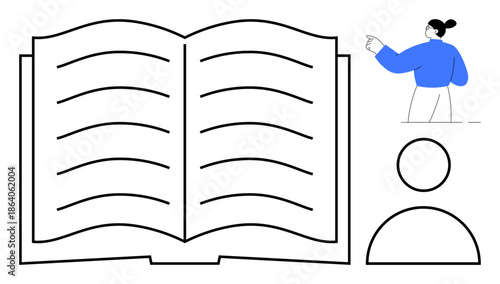 Education, reading, learning resources, conceptual storytelling, teaching, self-improvement. Open book with human figure and woman gesturing. Education and learning resources concept