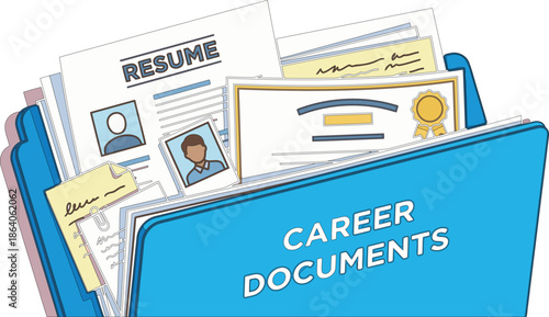A blue folder filled with essential career documents including a resume and an official certificate