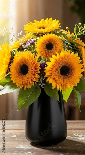 Wallpaper Mural Vibrant Sunflower Bouquet in Elegant Black Vase. Torontodigital.ca