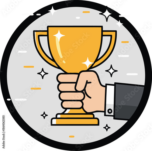 A person's hand firmly gripping a shining golden trophy symbolizing ultimate success and achievement in competition.
