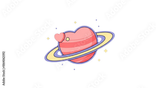 A heart shaped planet with a ring surrounded by stars in outer space
